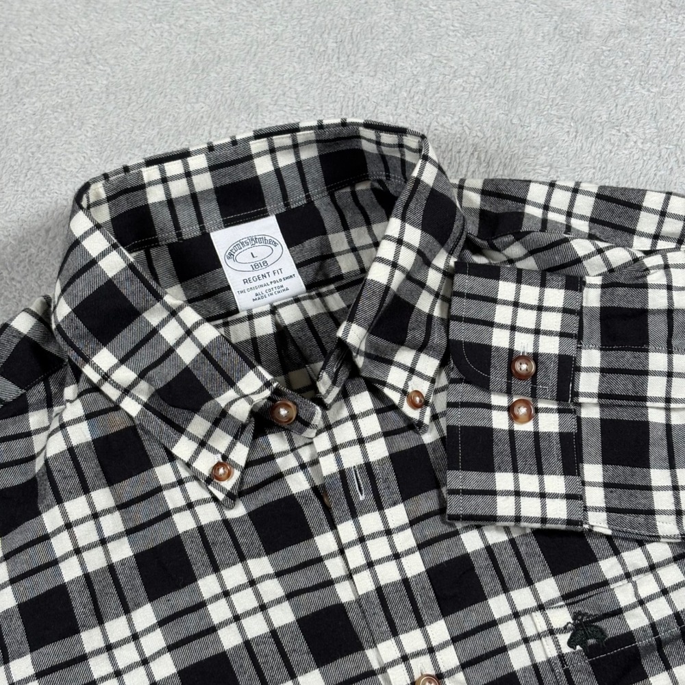 Brooks Brothers Regent Fit Flannel Shirt Mens Large Black White Plaid Button